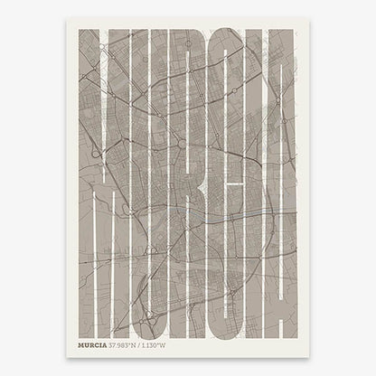 Decorative map of Murcia and letters of its name in a giclée print designed in light brown and an off-white background