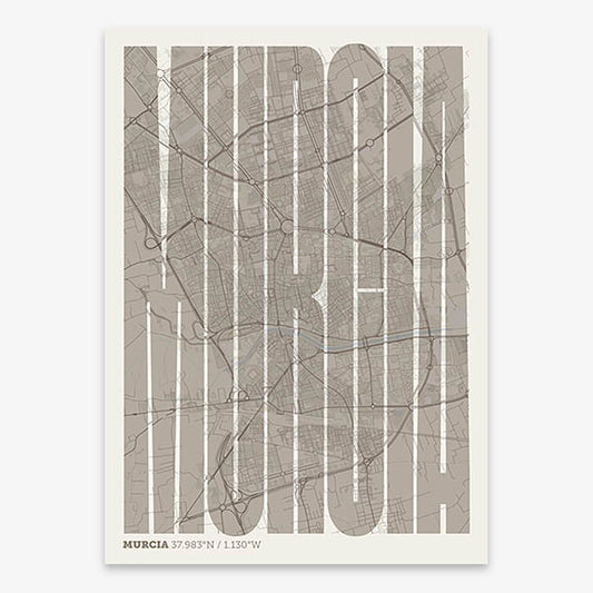 Decorative map of Murcia and letters of its name in a giclée print designed in light brown and an off-white background