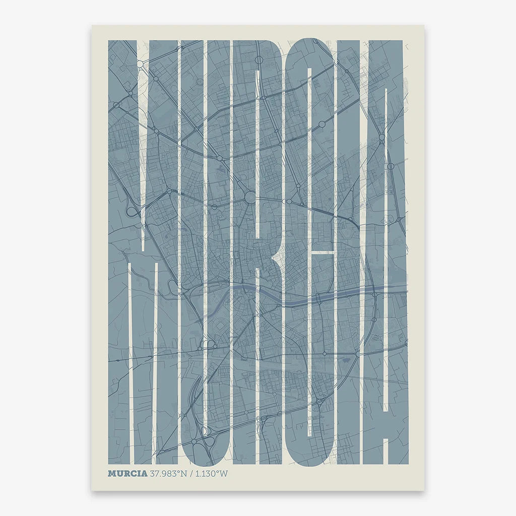 Decorative map of Murcia and letters of its name in a giclée print designed in bluish gray and an off-white background