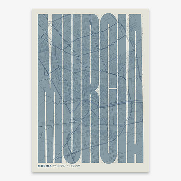Decorative map of Murcia and letters of its name in a giclée print designed in bluish gray and an off-white background