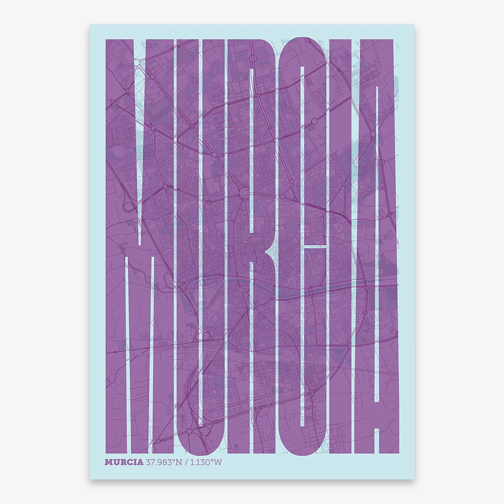 Decorative map of Murcia and letters of its name in a giclée print designed in purple and light blue