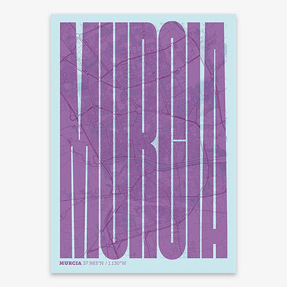 Decorative map of Murcia and letters of its name in a giclée print designed in purple and light blue