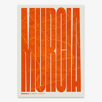 Decorative map of Murcia and letters of its name in a giclée print designed in orange and an off-white background