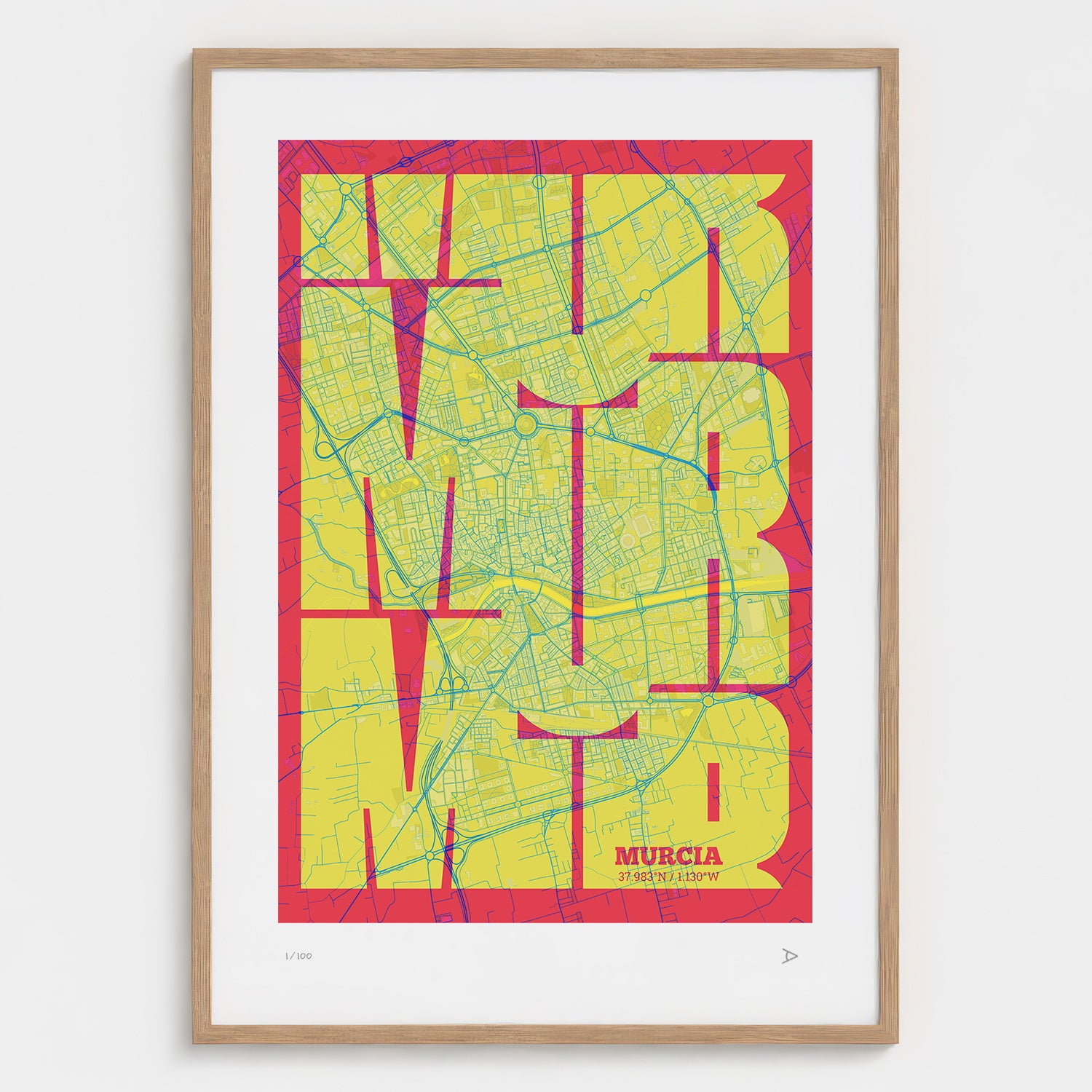 Lámina tipográfica de Murcia – diseño Inseparable, marco de madera natural