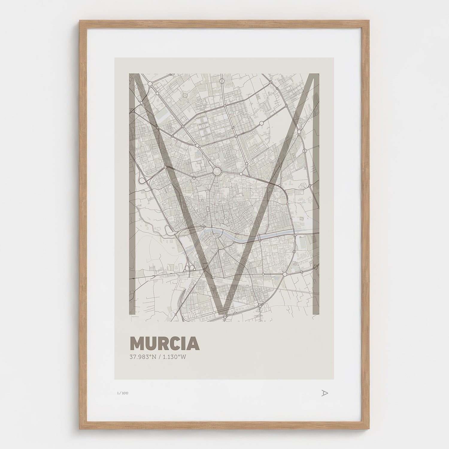 Lámina tipográfica de Murcia – diseño Ultrafina, marco de madera natural