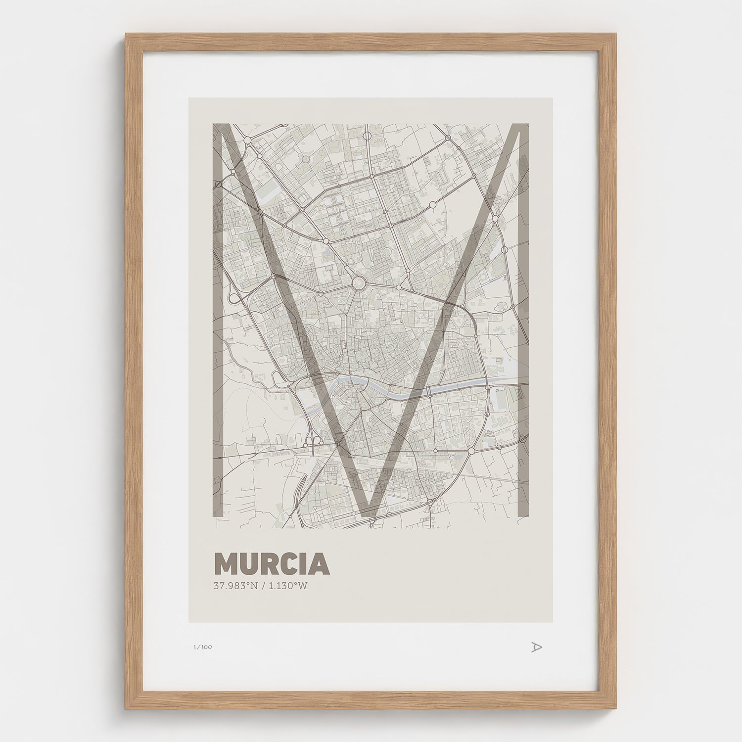 Lámina tipográfica de Murcia – diseño Ultrafina, marco de madera natural