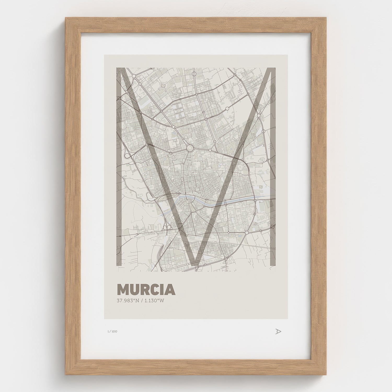 Lámina tipográfica de Murcia – diseño Ultrafina, marco de madera natural