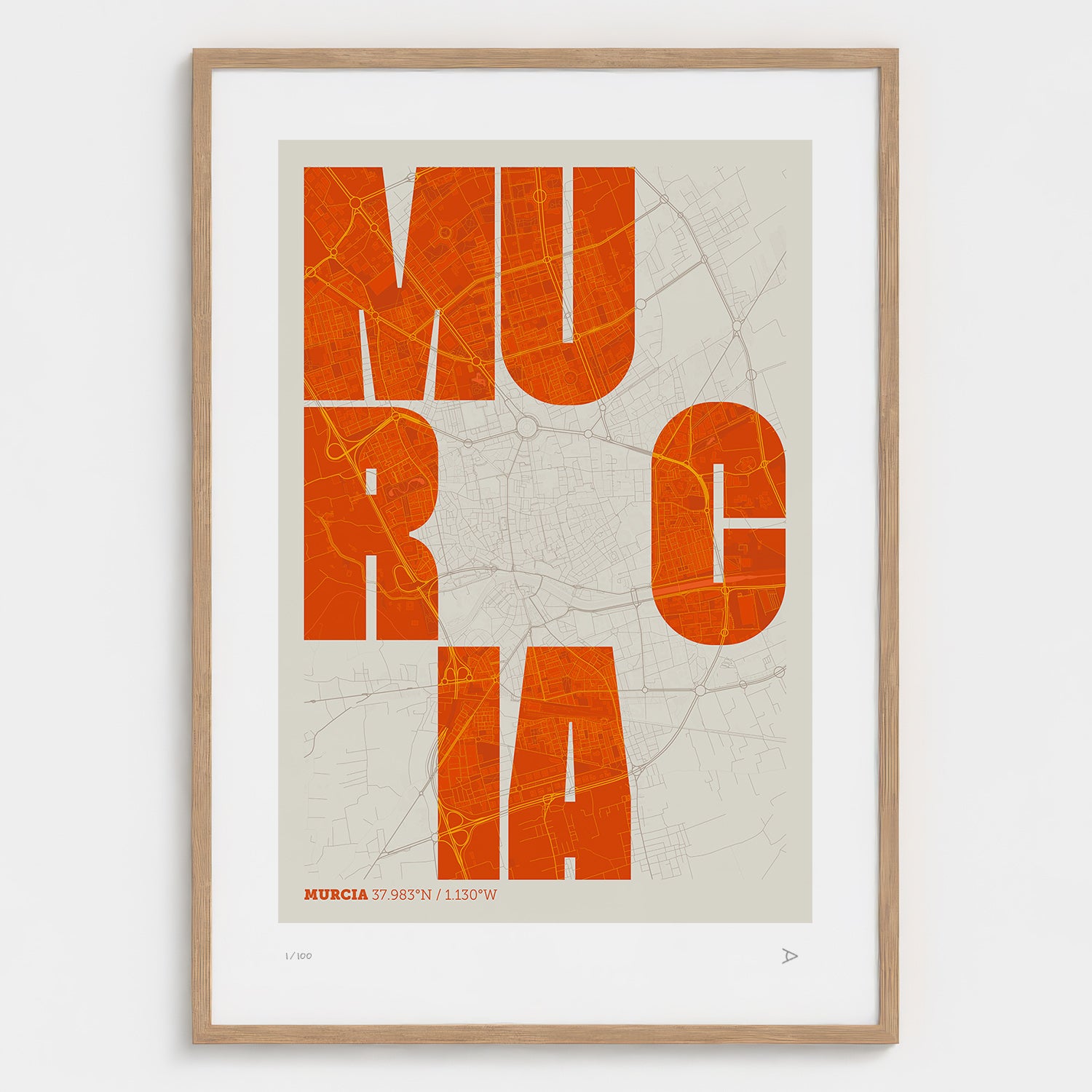 Lámina tipográfica de Murcia – diseño Revoltosa, marco de madera natural