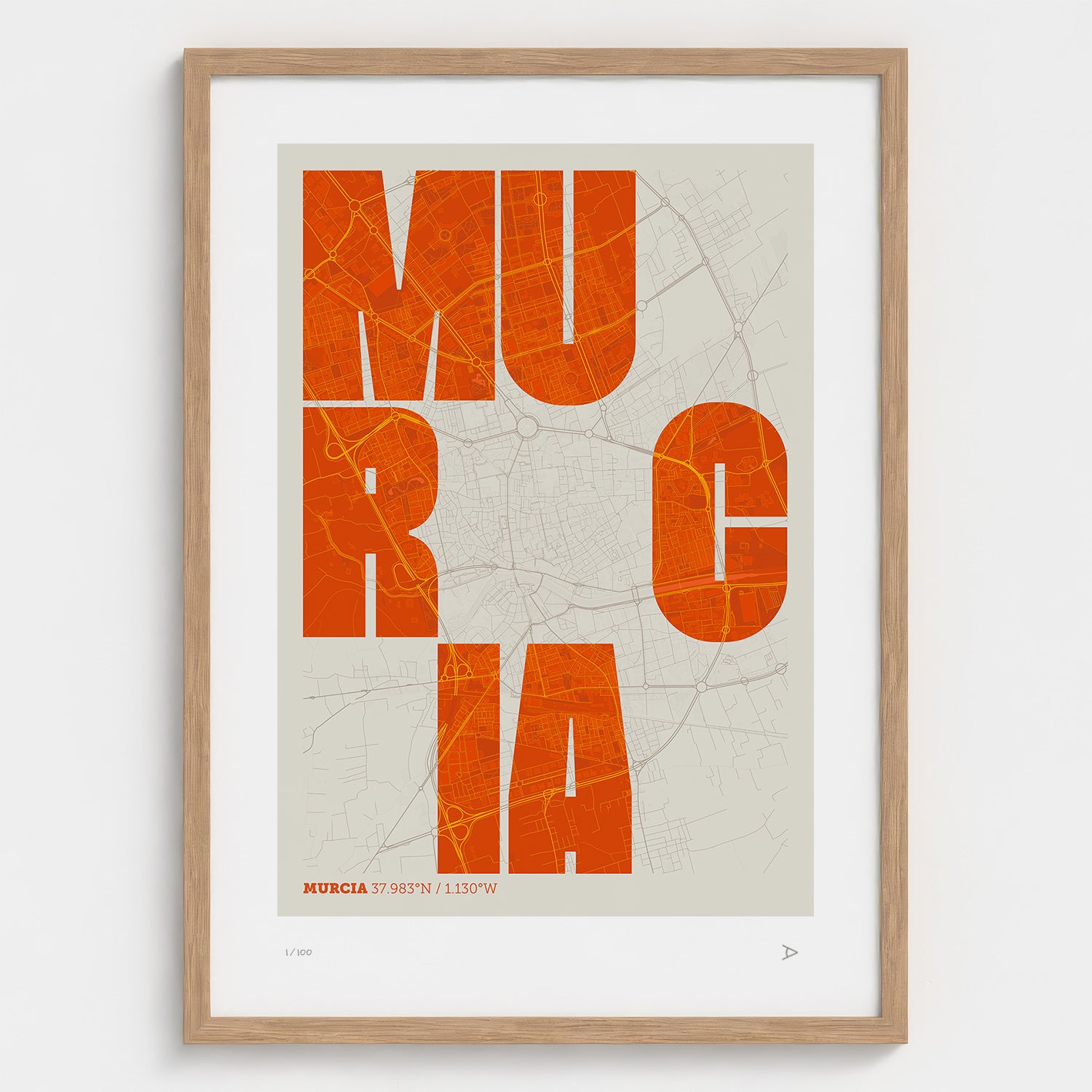 Lámina tipográfica de Murcia – diseño Revoltosa, marco de madera natural