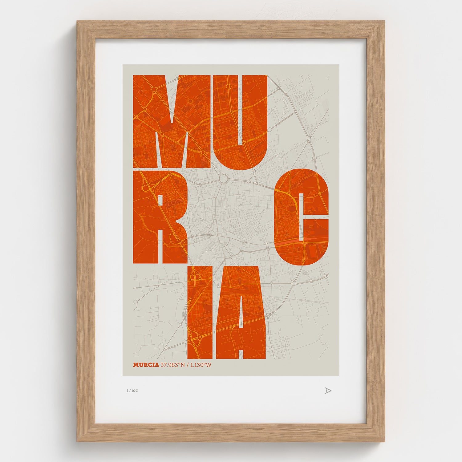 Lámina tipográfica de Murcia – diseño Revoltosa, marco de madera natural