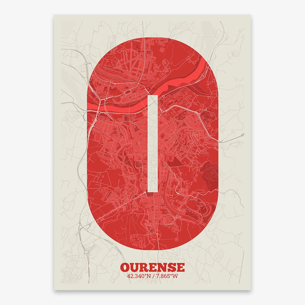 Decorative print of Ourense composed with letters in a heavy geometric font printed on red and an off-white background