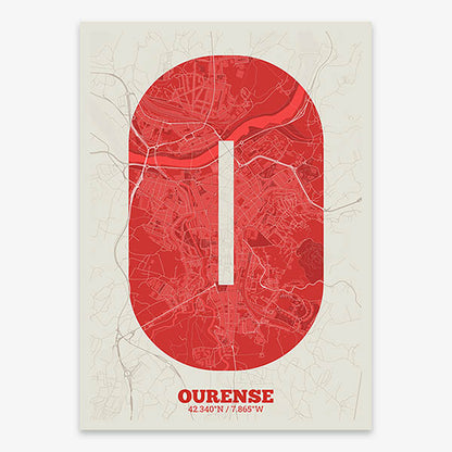 Decorative print of Ourense composed with letters in a heavy geometric font printed on red and an off-white background