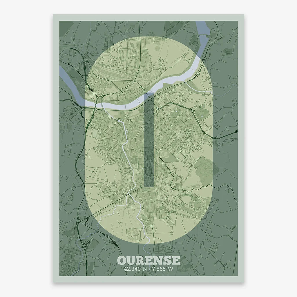 Decorative print of Ourense composed with letters in a heavy geometric font printed on two green tones