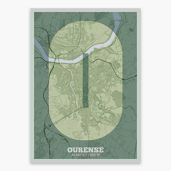 Decorative print of Ourense composed with letters in a heavy geometric font printed on two green tones