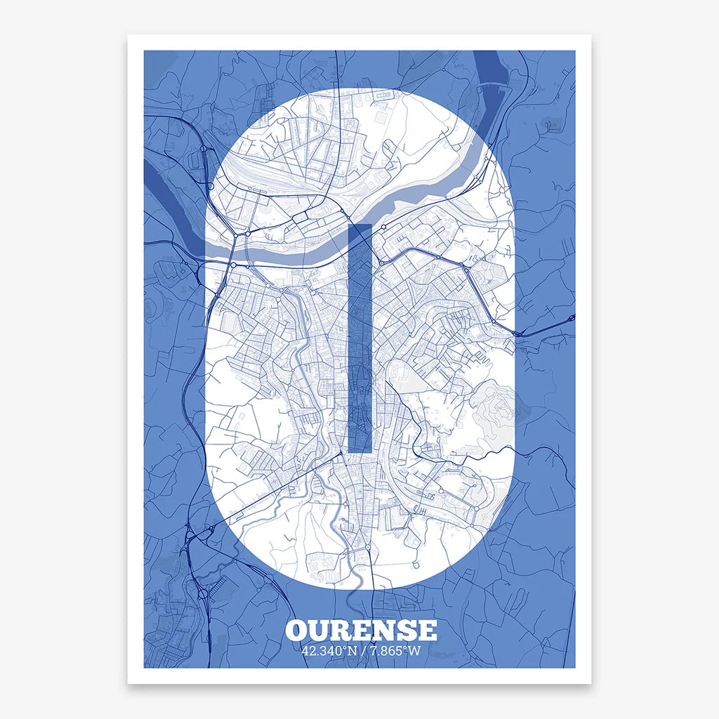 Decorative print of Ourense composed with letters in a heavy geometric font printed on navy blue and white