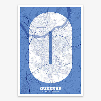 Decorative print of Ourense composed with letters in a heavy geometric font printed on navy blue and white