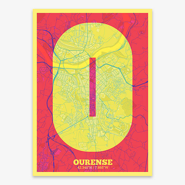 Decorative print of Ourense composed with letters in a heavy geometric font printed on yellow and fuchsia