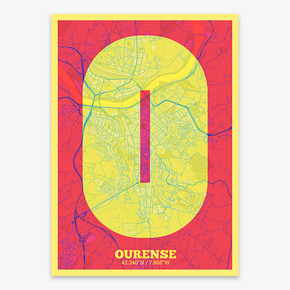 Decorative print of Ourense composed with letters in a heavy geometric font printed on yellow and fuchsia