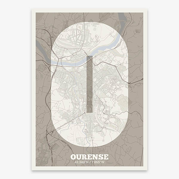 Decorative print of Ourense composed with letters in a heavy geometric font printed on light brown and an off-white background