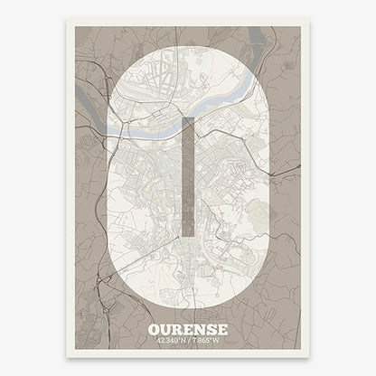 Decorative print of Ourense composed with letters in a heavy geometric font printed on light brown and an off-white background