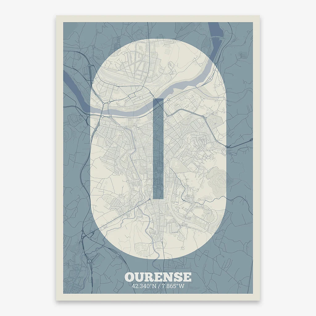 Decorative print of Ourense composed with letters in a heavy geometric font printed on bluish gray and an off-white background