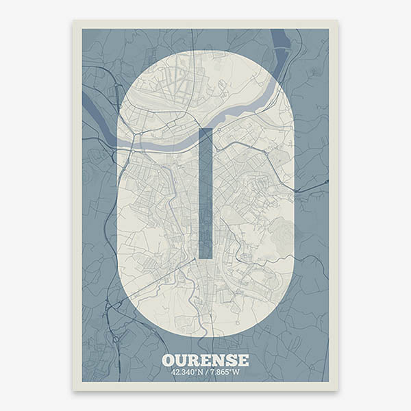 Decorative print of Ourense composed with letters in a heavy geometric font printed on bluish gray and an off-white background