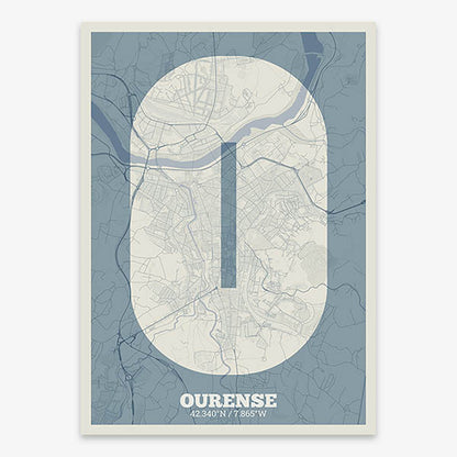 Decorative print of Ourense composed with letters in a heavy geometric font printed on bluish gray and an off-white background