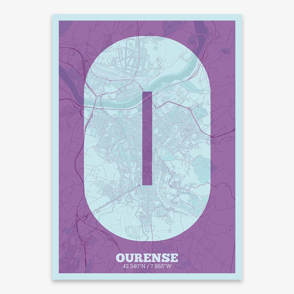 Decorative print of Ourense composed with letters in a heavy geometric font printed on purple and light blue