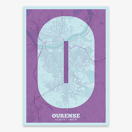 Decorative print of Ourense composed with letters in a heavy geometric font printed on purple and light blue