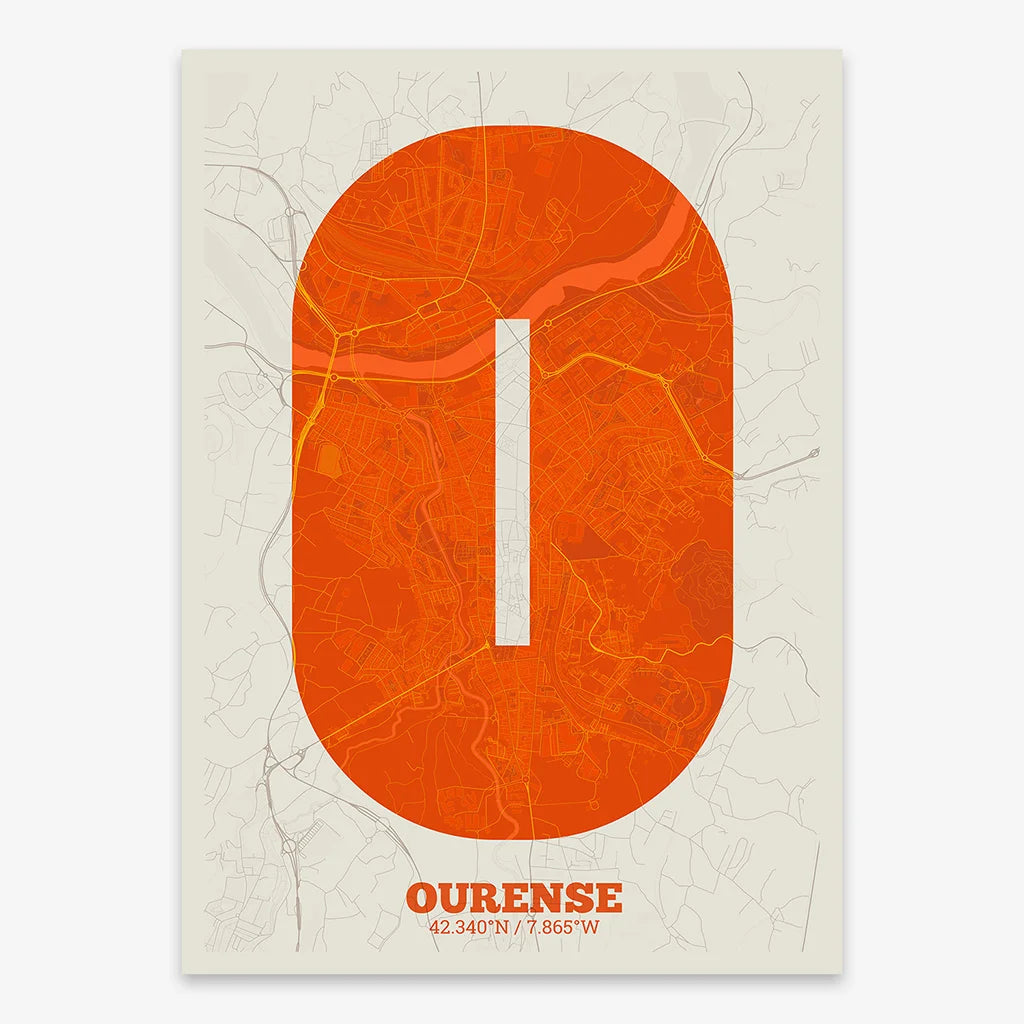 Decorative print of Ourense composed with letters in a heavy geometric font printed on orange and an off-white background