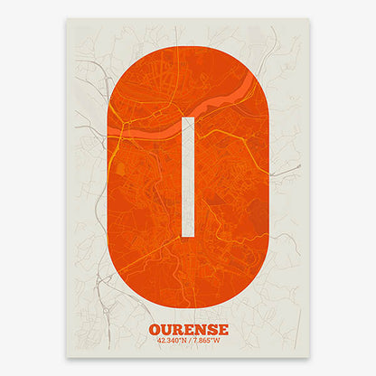 Decorative print of Ourense composed with letters in a heavy geometric font printed on orange and an off-white background
