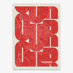 Poster of Ourense composed with letters from its abbreviation or its airport IATA code printed on red and an off-white background