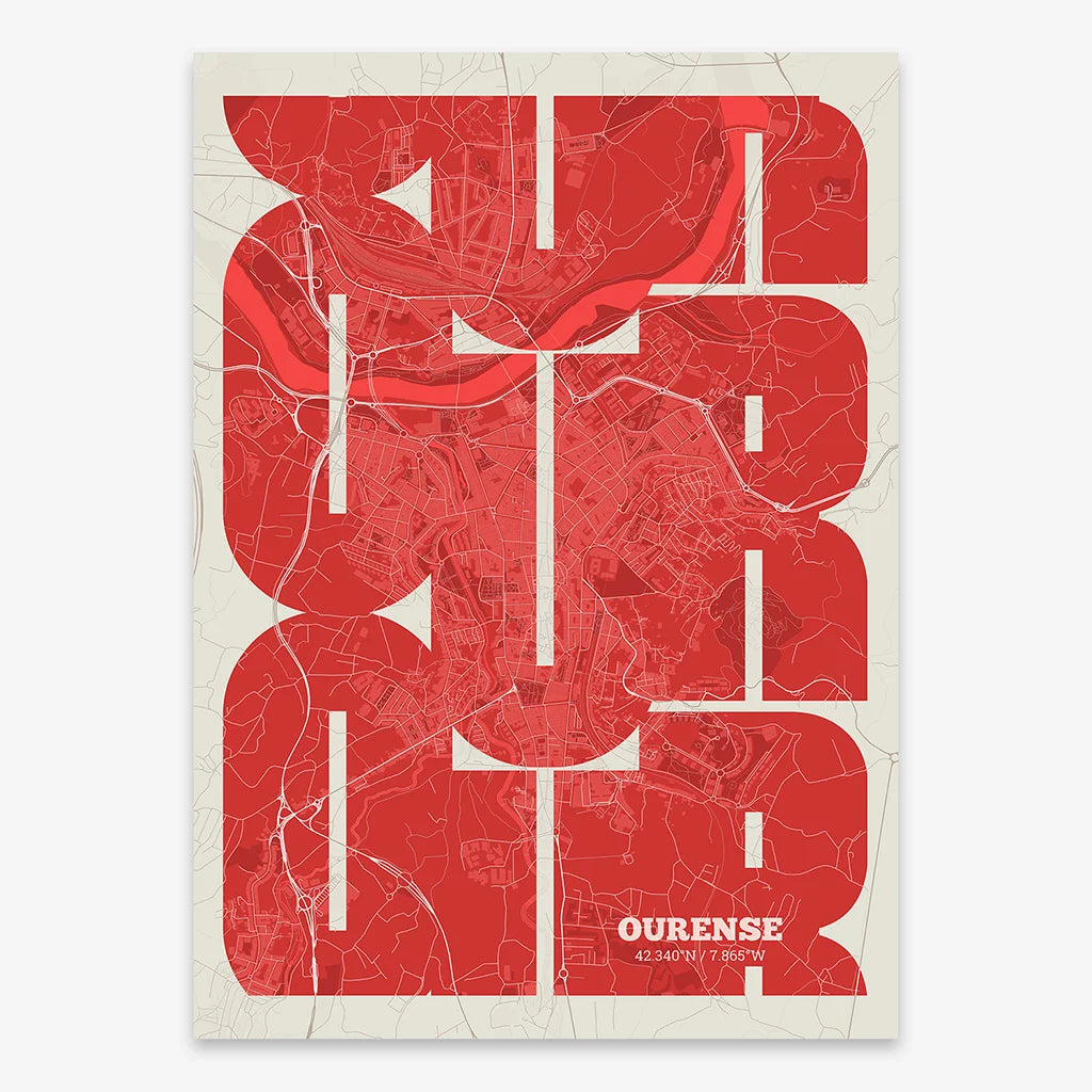 Poster of Ourense composed with letters from its abbreviation or its airport IATA code printed on red and an off-white background