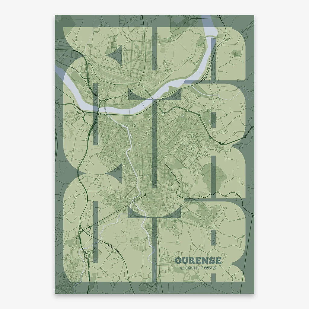 Poster of Ourense composed with letters from its abbreviation or its airport IATA code printed on two green tones