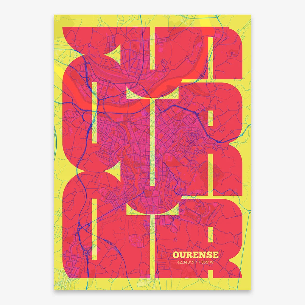 Poster of Ourense composed with letters from its abbreviation or its airport IATA code printed on yellow and fuchsia