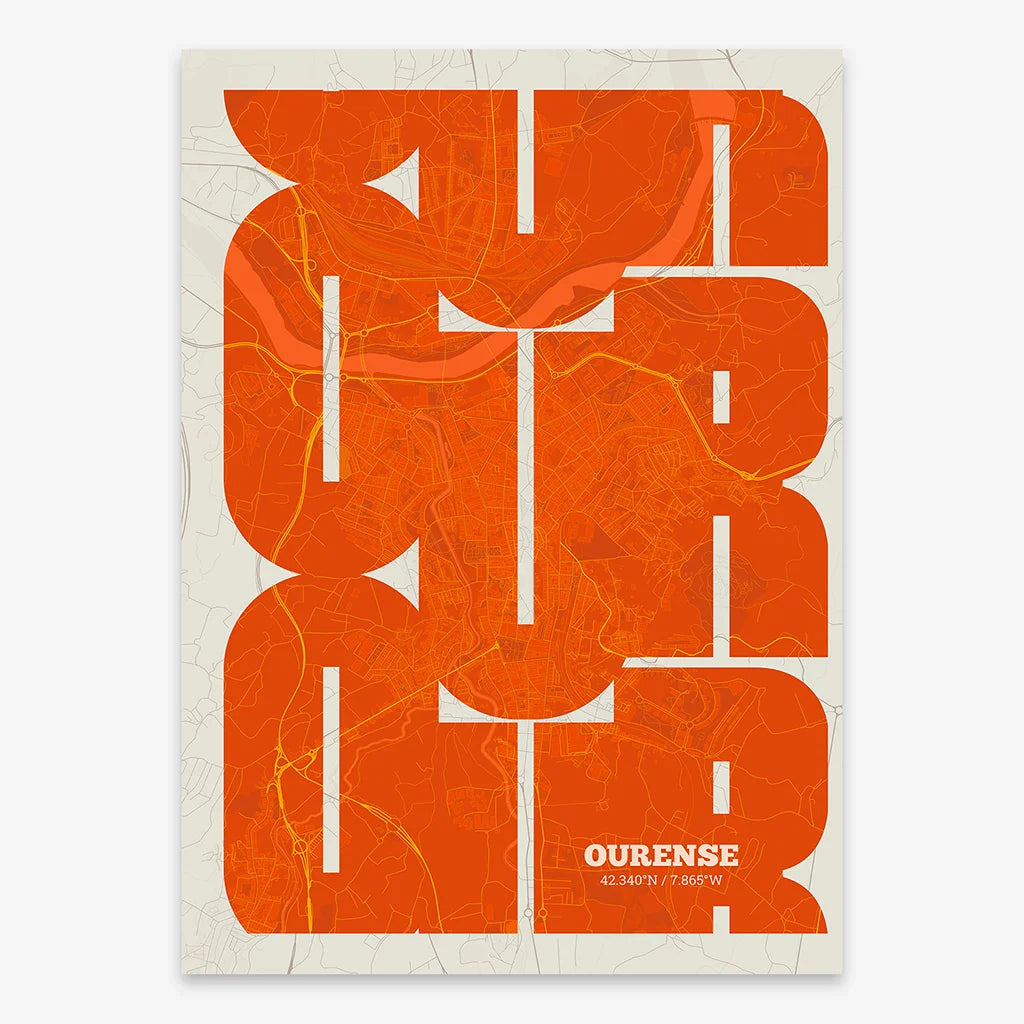 Poster of Ourense composed with letters from its abbreviation or its airport IATA code printed on orange and an off-white background