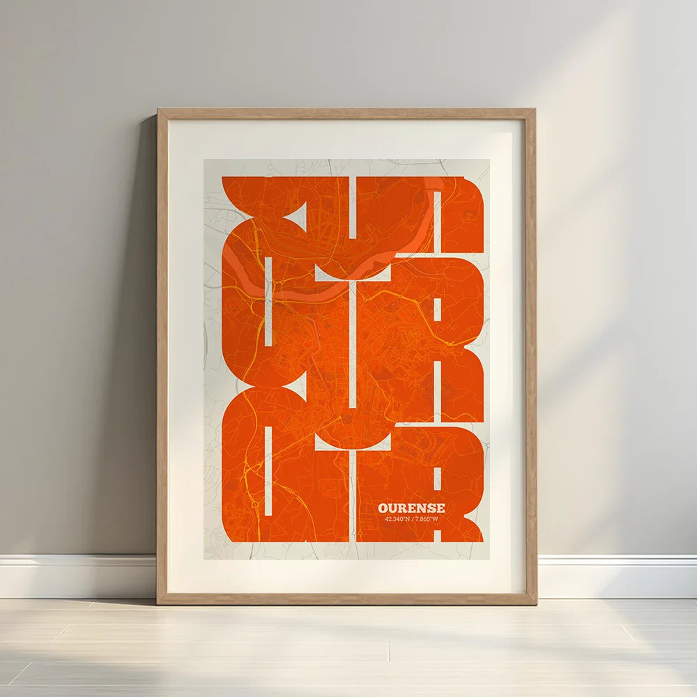 Framed Ourense in Inseparable design, featuring the city's abbreviation in expressive typography over a detailed urban map designed in orange and an off-white background with a white margin border in a warm lit minimalist setting