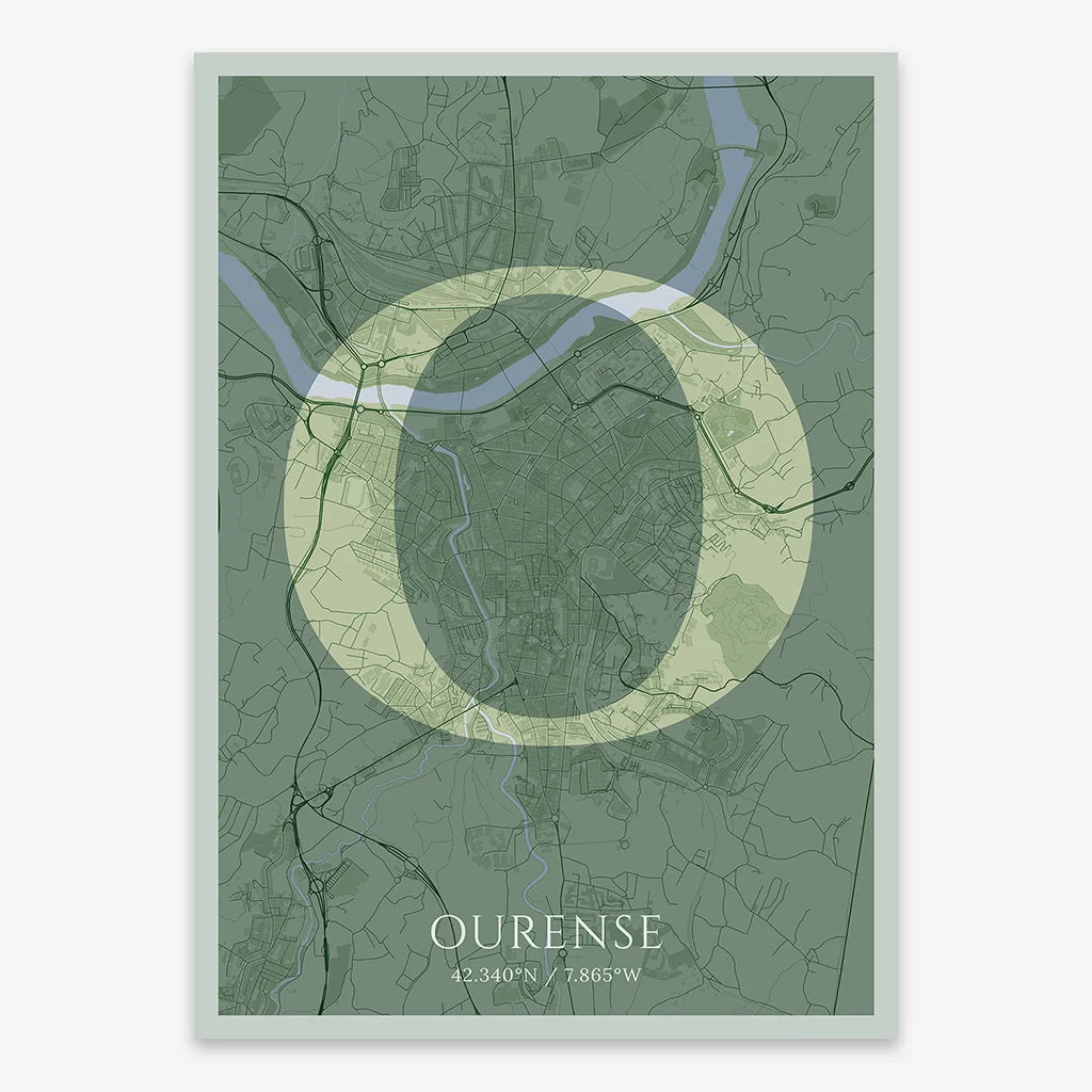 Decorative map of Ourense composed with letters in serif font printed on two green tones