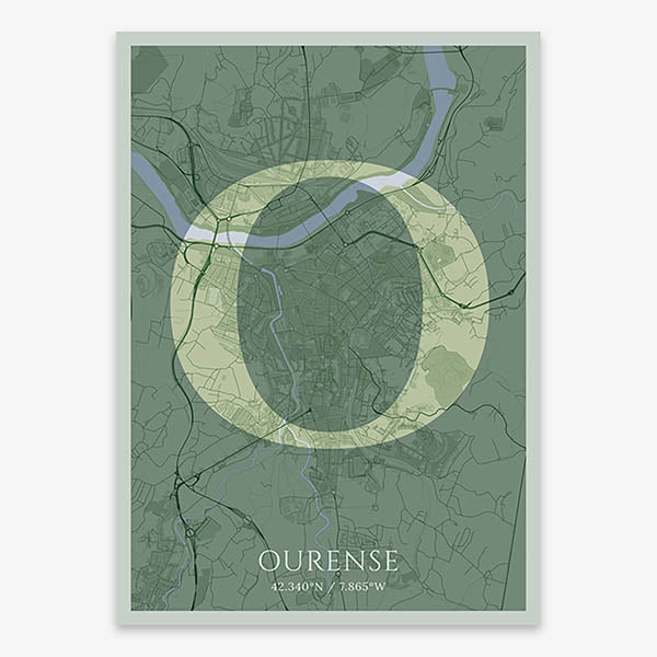 Decorative map of Ourense composed with letters in serif font printed on two green tones