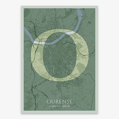 Decorative map of Ourense composed with letters in serif font printed on two green tones