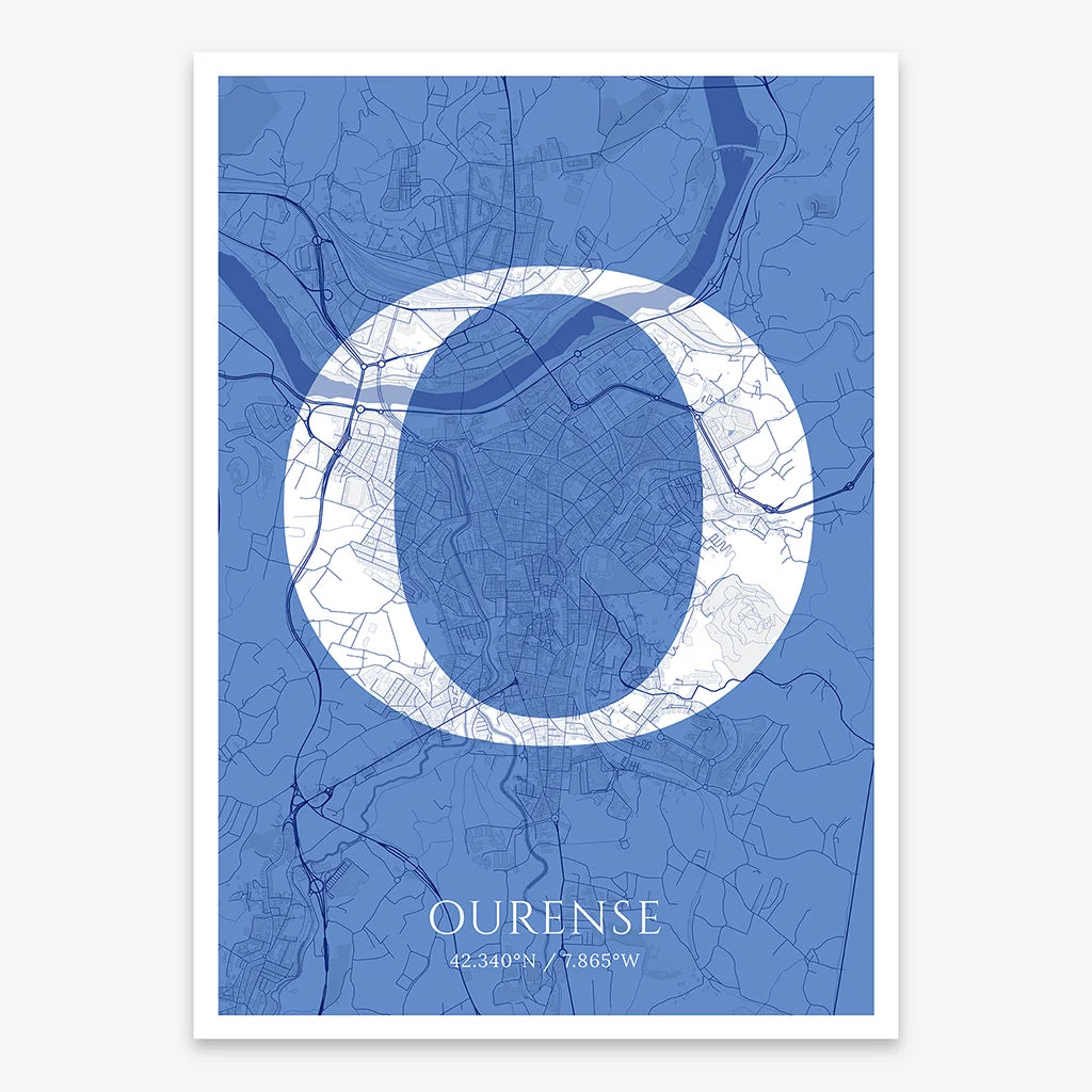 Decorative map of Ourense composed with letters in serif font printed on navy blue and white