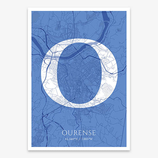 Decorative map of Ourense composed with letters in serif font printed on navy blue and white