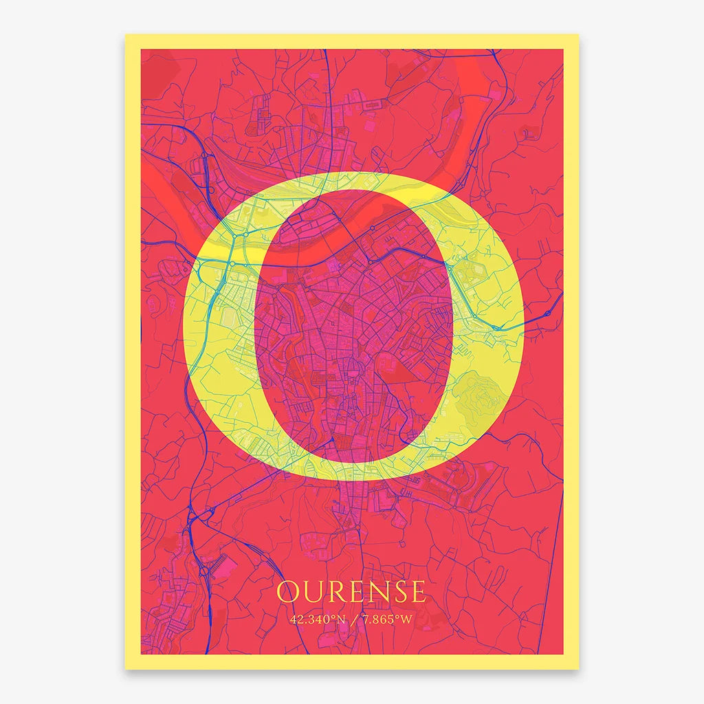 Decorative map of Ourense composed with letters in serif font printed on yellow and fuchsia