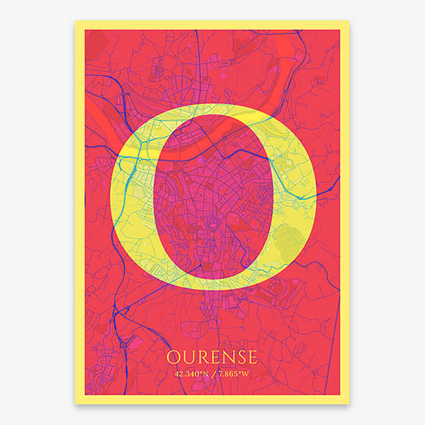 Decorative map of Ourense composed with letters in serif font printed on yellow and fuchsia