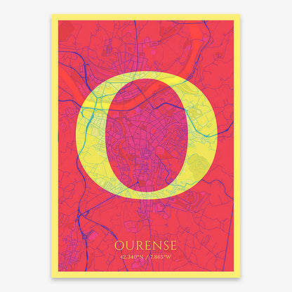Decorative map of Ourense composed with letters in serif font printed on yellow and fuchsia