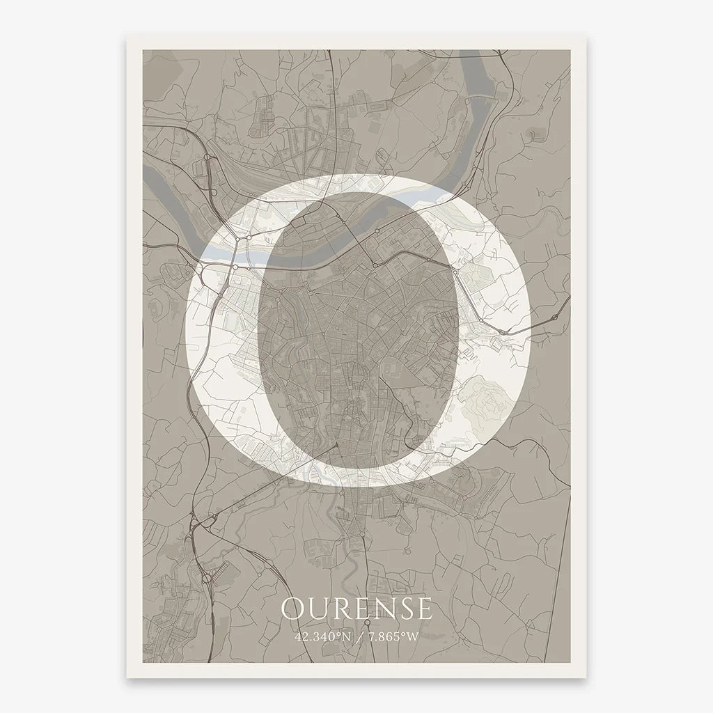 Decorative map of Ourense composed with letters in serif font printed on light brown and an off-white background