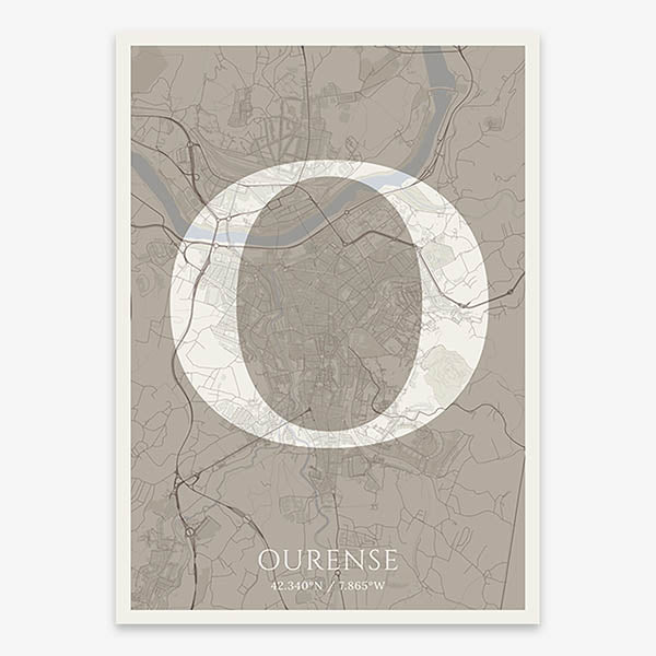 Decorative map of Ourense composed with letters in serif font printed on light brown and an off-white background