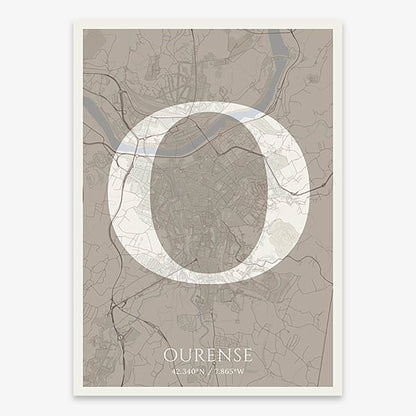 Decorative map of Ourense composed with letters in serif font printed on light brown and an off-white background