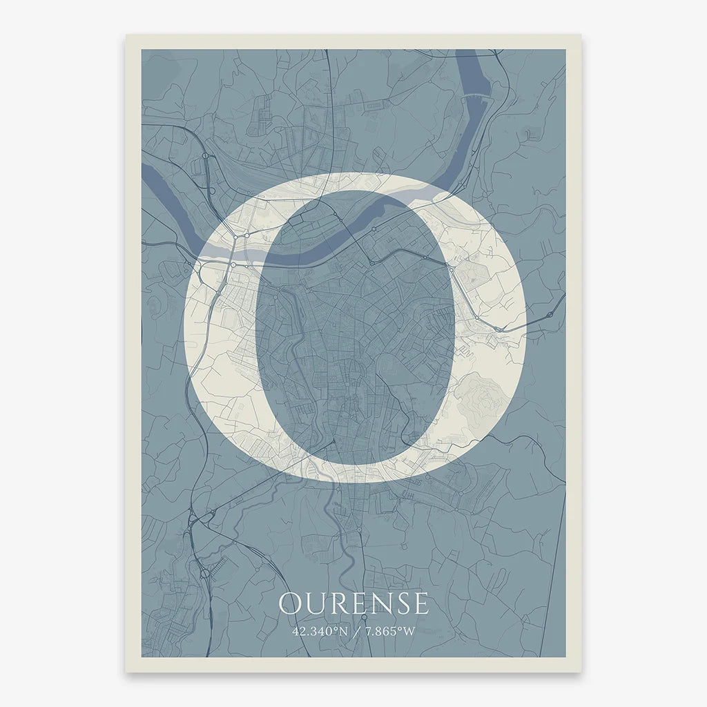 Decorative map of Ourense composed with letters in serif font printed on bluish gray and an off-white background