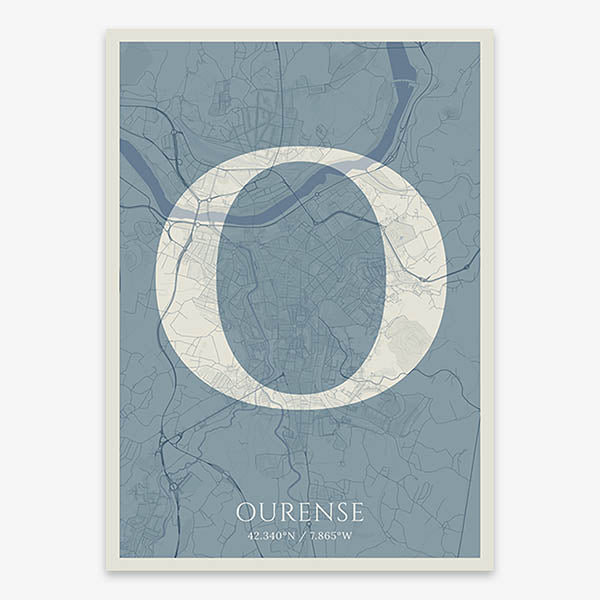 Decorative map of Ourense composed with letters in serif font printed on bluish gray and an off-white background